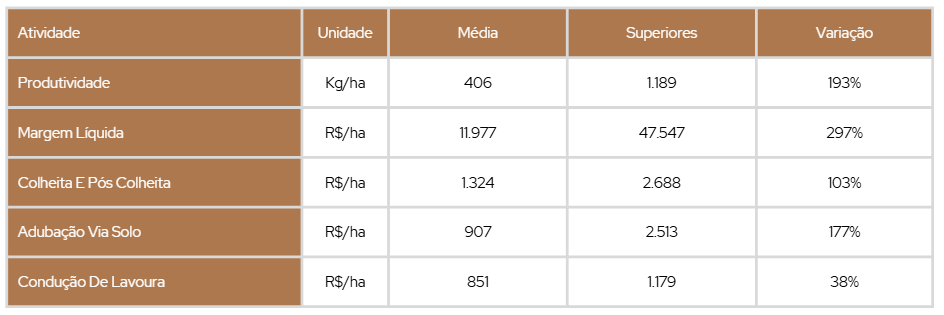 Comparação de custos das três atividades com maior desembolso (R$/ha); Produtividade (kg/ha); e Margem Líquida (R$/ha) entre a média do projeto e as propriedades com melhor desempenho econômico (superiores)